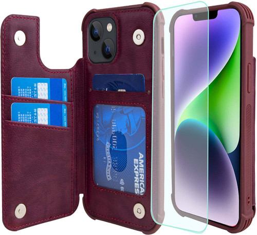 VANAVAGY iPhone 14 Wallet Case for Women and Men,Leather Flip Folio Phone Cover Fits Magnetic Car Mount with Credit Card Holder,Burgundy