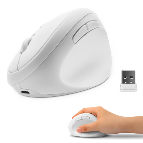 Ergonomic Mouse-Wireless Mouse 2.4GHz Vertical Mouse Optical Ergo Mice, Rechargeable Computer Mice with USB Receiver, 1600 DPI, Portable Cordless Mice for Laptop, PC, Computer, Desktop(White)