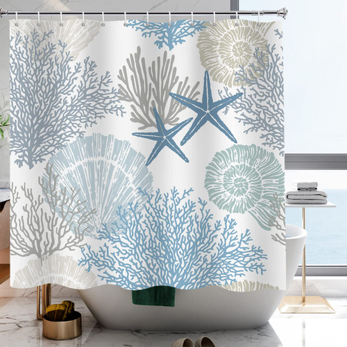 YISURE Beach Ocean Theme Shower Curtain Starfish Seashell Coral Waterproof Fabric Bath Curtains Sets Nautical Coastal Bathroom Decorative with 12 Hooks, Blue 72x72 Inches YISURE Beach Ocean Theme Shower Curtain Starfish Seashell Coral Waterproof Fabric Bath Curtains Sets Nautical Coastal Bathroom Decorative with 12 Hooks, Blue 72x72 Inches