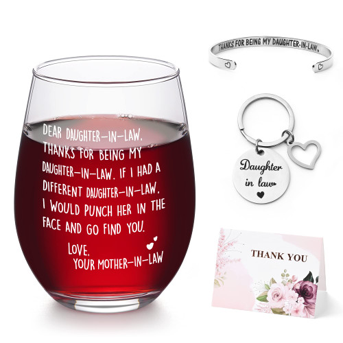 Modwnfy Mothers Day Gifts, Daughter in Law Gifts for Mothers Day Christmas Birthday from Mother in Law, Thanks for Being My Daughter in Law Stemless Wine Glass with Key Chain, Bracelet and Card, 17Oz