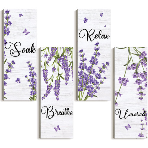 4 Pieces Purple Bathroom Decor Wooden Relax Soak Unwind Breathe Wall Art Hanging Lavender Decor Rustic Bathroom Flower Decor Elegant Bathroom Wall Decor Sign Farmhouse Rustic Wood Plaque, 11 x 4 Inch
