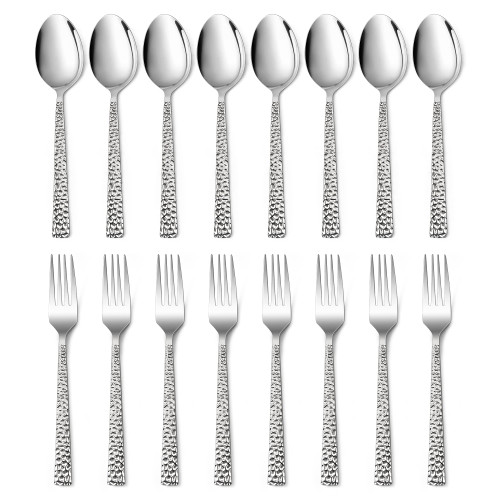 16-Piece Hammered Forks and Spoons Silverware Set, E-far Stainless Steel Square 8 Dinner Forks and 8 Dinner Spoons, Modern Metal Flatware Cutlery for Kitchen and Restaurant, Dishwasher Safe-7.9 Inch