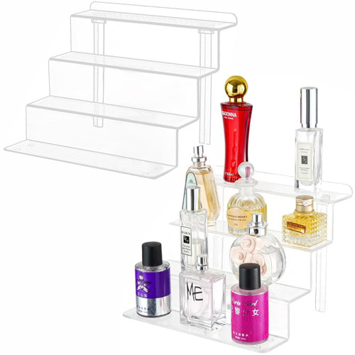 Acrylic Riser Display Shelf 4 Tier Perfume Stand Organizer,Tiered Cupcake Trays,Clear Risers for Amiibo Funko POP Figures Display Decorative,Small Mini Desserts Tabletop Showcase Collectibles Holder