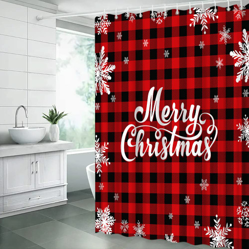 JIRGIXA Christmas Shower Curtain Red Black Buffalo Plaid White Snowflake Rustic Vintage Farmhouse Winter Holiday Merry Christmas Fabric Bathroom Decor Curtain Sets with Hooks