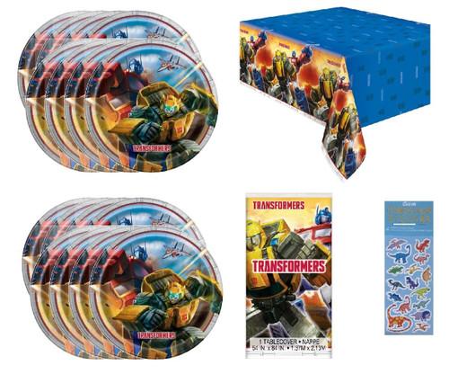 Transformers Birthday Party Supplies Bundle Set for 16 includes 16 Lunch Plates, 1 Plastic Table Cover, 1 Esave Dinosaur Sticker Sheet (Bundle for 16)