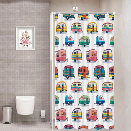 JAWO RV Shower Curtain for Camper Trailer Camping Bathroom, Retro RV Fun Camping, Happy Camper Stall Shower Curtain with Hooks Set, 36x70Inches