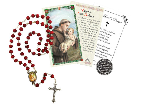 St Anthony Rosary - with Laminated Prayer Card, Saint Anthony of Padua Pocket Token Coin, The Lord's Prayer Card and Rosary Case | Catholic Patron Saint of Lost Things | Total 5 Items in Set