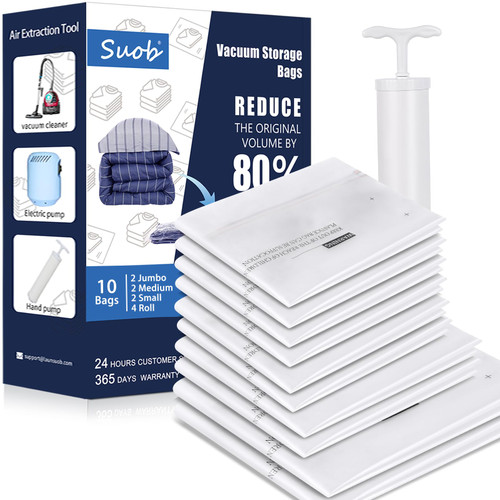 Suob Vacuum Storage Bags - 10 Space Saver Vacuum Seal Bags for Clothes Blanket Bedding Storage (2 Jumbo,2 Medium,2 Small,4 Roll Up Compression Bags) - Vacuum Sealed Bags for Clothing with Hand Pump