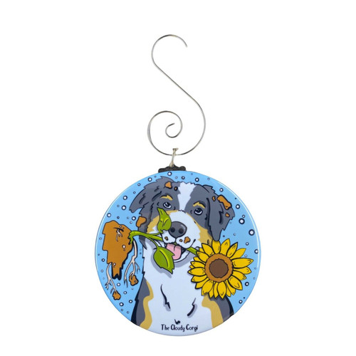 Australian Shepherd Sunflower Ornament, Floral Dog Christmas Tree Decoration, Holiday Aussie Dog Decor, Handmade Ornament by The Cloudy Corgi (BLACK TRICOLOR)