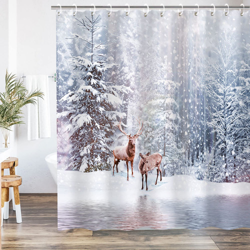 LIVILAN Christmas Shower Curtain for Bathroom Winter Shower Curtain Holiday Reindeer Deer Shower Curtain Snow Xmas Christmas Bathroom Decor, 72" W x 72" H