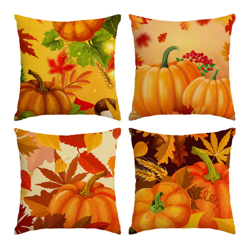 Set of 4 Fall Pillow Covers 18x18 Inch Fall Thanksgiving Pumpkins Throw Pillows Covers Autumn Leaves Decorative Cushion Covers Outdoor Sofa Couch Pillow Cases Fall Halloween Decorations (18 by 18)