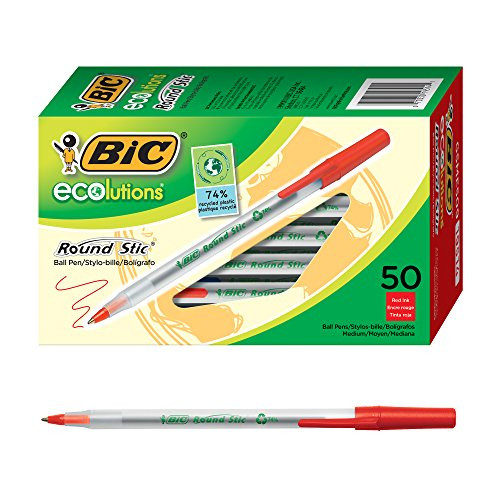 BIC Ecolutions Round Stic Ballpoint Pen, Medium Point (1.0mm), Red, 50-Count