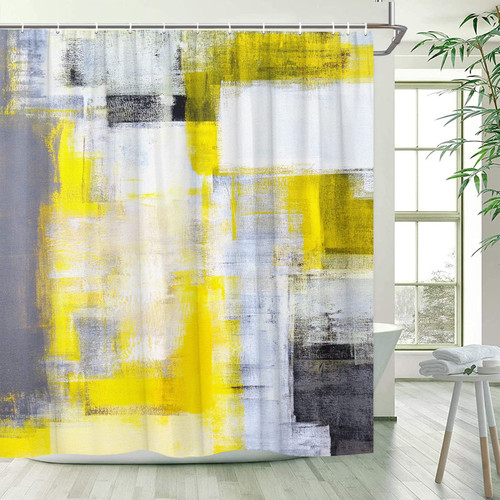 WYURMKT Yellow Grey Shower Curtains Abstract Art Grunge Style Oil Painting Ombre Modern Grey Yellow Black Bathroom Decor Polyester Fabric Curtains Set with Hooks 70Wx70H Inch