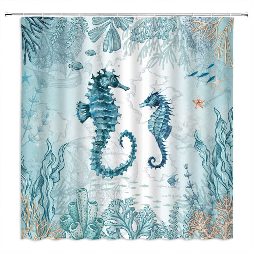 VPUPCN Seahorse Shower Curtain Ocean Nautical Landscape Teal Underwater Animal Starfish Coral Vintage Marine Life Beach Coastal Theme Polyester Curtains Bathroom Decor with Hooks