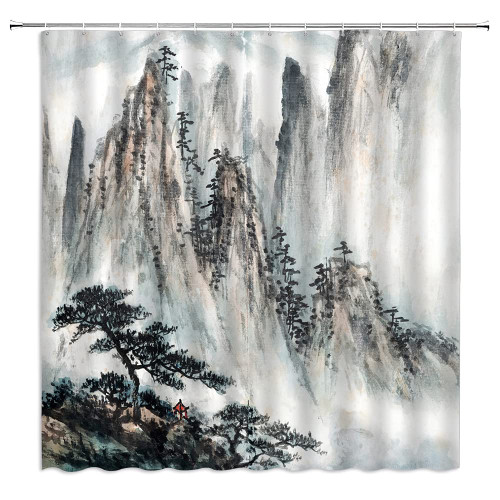 Asian Shower Curtain Watercolor Mountain Japanese Themed Ink Painting Pine Tree Chinese Traditional Scenery Oriental Art Landscape Fabric Bathroom Decor Set with Hooks(70" WX70 H)