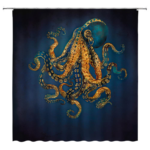 ZNLSU Navy Gold Octopus Shower Curtain Nautical Sea Kraken Vintage Octopus Tentacles Ocean Animal Marine Life Adventure Underwater Cool Fabric Decor Bathroom Curtain Set with Hooks