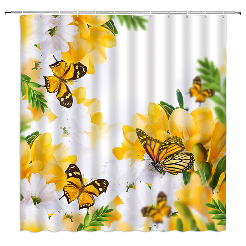 EDOMGNIH Flower Butterfly Shower Curtain Yellow Floral Fantasy Wings Spring Natural Fabric Bathroom Decor Set with Hooks(70" WX70 H)