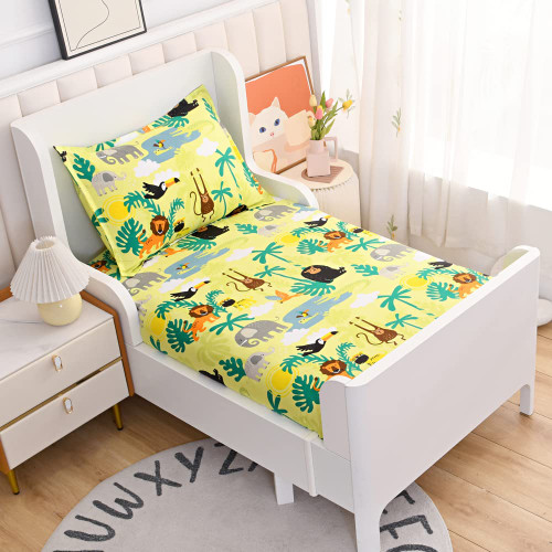 KWLOVER 2PC Soft Bed Fitted Sheet and Pillowcase Set, Cute Animals Printed Sheets for Kids Teen Boys Girls Twin Size Bed (Yellow, Twin)