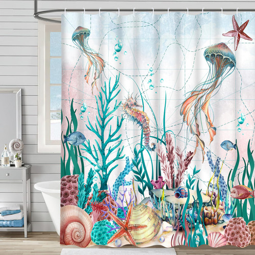 Ikfashoni Nautical Coastal Shower Curtain, Coral Seashell Beach Shower Curtain with 12 Hooks, Ocean Themed Shower Curtains, Starfish Seahorse Jellyfish Shower Curtain for Bathroom Decor, 69" x 70"