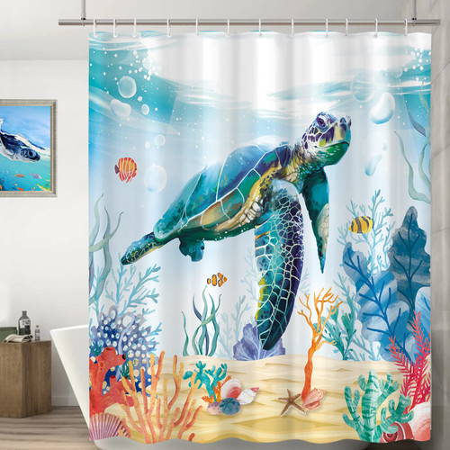 Gezocaromo Sea Turtle Shower Curtain Ocean Creature Landscape Shower Curtains Tropical Fish Seaweed Seashell Shower Curtain Beach Theme Bathroom Decoration Fabric, 72x72 Inch (Ocean Sea Turtle)