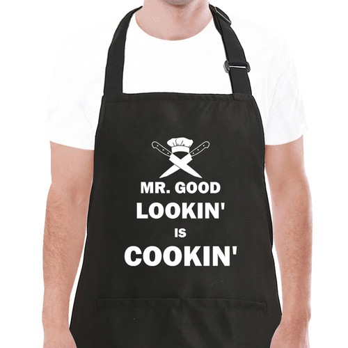 OzosKeiw Funny Grilling Aprons for Men with 2 Pockets, Mr. Good Looking is Cooking BBQ Kitchen Chef Apron Grill Gifts for Father Dad Husband Friends