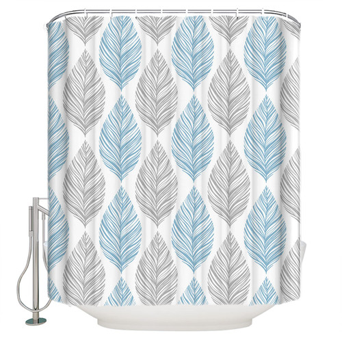 LBHAUSE Waterproof Fabric Shower Curtain, Gray and Blue Leaves Shower Curtain for Bathroom Curtains Bathtubs Hotel Washable Shower Curtains with 12 Hooks Stall 48x72in Abstract Geometric Lines Tiled