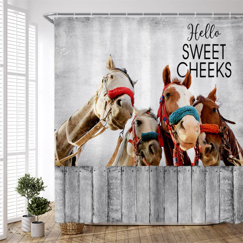 PZMPZM Funny Farmhouse Horse Shower Curtain Fun Rustic Western Farm Animals Cheeks Horse Rustic Country Wooden Board Pattern Bathroom Polyester Fabric Curtains Set with Hooks 70Wx70H inch