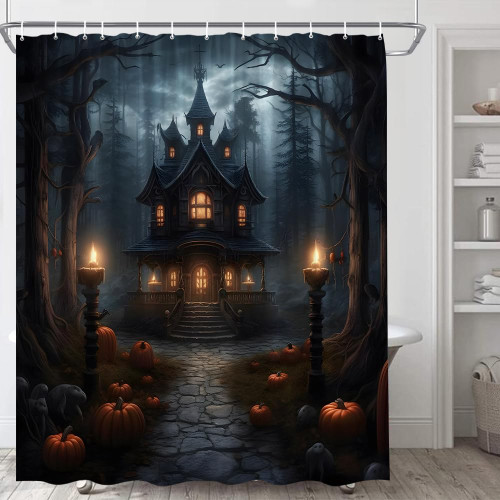Grey Halloween Castle Shower Curtain Farmhouse Scary Horror Orange Pumpkin Lantern Spooky Full Moon Night Gothic Dead Tree Haunted House Gray Forest Rustic Decor Fabric Bathroom Curtain with Hooks