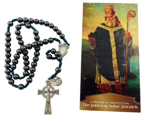 Westmon Works Saint Patrick Irish Rosary Set with Hematite Metal Beads and Holy Prayer Pamphlet