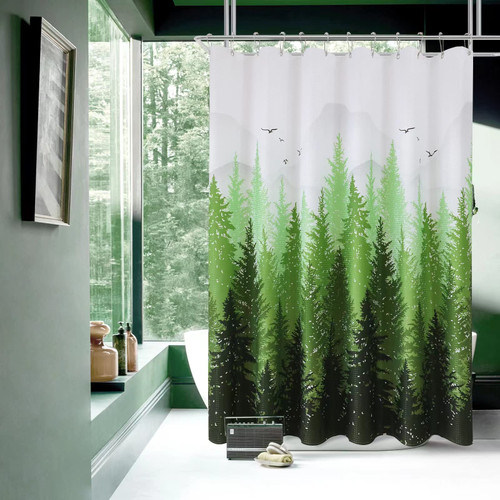 Twomissone Mountain Forest Shower Curtain Nature Tree Fabric Misty Foggy Forest Tree Shower Curtain Set for Bathroom Decor Shower Curtains with Hooks 72 x 72 inches (Green)