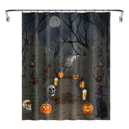 YUYASM Halloween Shower Curtain Fabric Gothic Haunted House Courtyard Door Pumpkin Lantern Skull Blood Hands Scary Night Moon Dead Tree Decor Bathroom Bath Curtains 70x70 Inch
