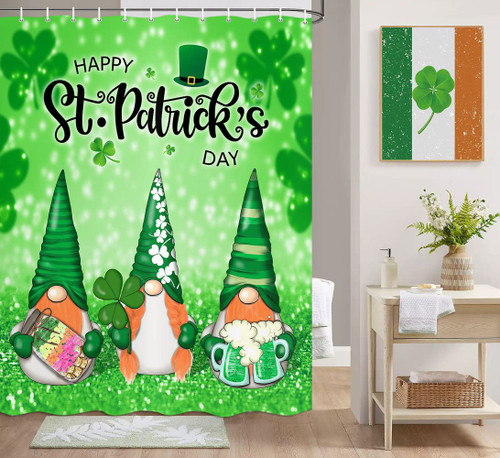 St. Patrick's Day Shower Curtains for Bathroom, Green Glitter Bling Cute Gnome Elf Clover Shamrock Leaves Fabric Shower Curtain Set, Spring Irish Holiday Waterproof Polyester Bath Curtain, 71x71in