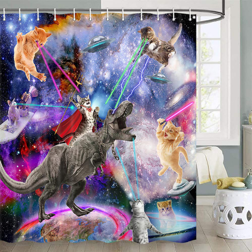 JAWO Cat Shower Curtain, Cool Funny Cat Riding Dinosaur On Fantasy Galaxy Hilarious Shower Curtain, Funny Outer Space Universe Boys Kids Shower Curtain Bathroom Decor Set with Hooks(70X70 inch)