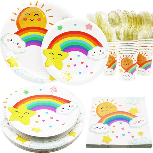 Decodinli Rainbow Party Supplies Serves 25, Rainbow Birthday Party Decorations, Rainbow Baby shower Plates and Napkins Set, Rainbow Disposable Paper Plates, Rainbow theme Party Tableware Set