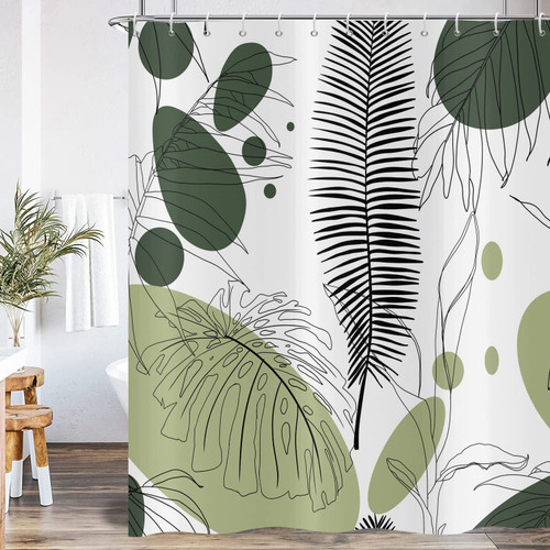CRTPOD Green Plant Shower Curtain Abstract Leaves Boho Botanical Shower Curtains for Bathroom Tropical Palm Leaf Bath Curtain with Hooks Waterproof Fabric 72Wx72L