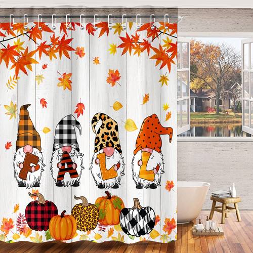 DeeCabin Fall Gnomes Pumpkins Shower Curtain, Autumn Maple Leaves Buffalo Check Plaid Bathroom Decor, Thanksgiving Harvest Bathtub Curtains with Hooks 72 x 72 Inches