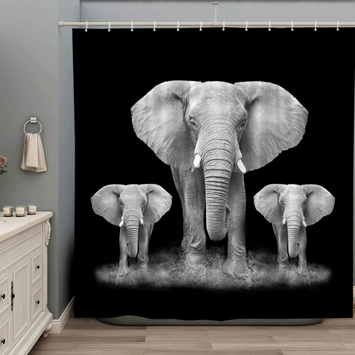 ZZYSKS Elephant Shower Curtain Funny African Large Wild Animal Elephants Close-Up Black Background Polyester Fabric Bathroom Decor Curtains Set with Hooks 70Wx70H Inch