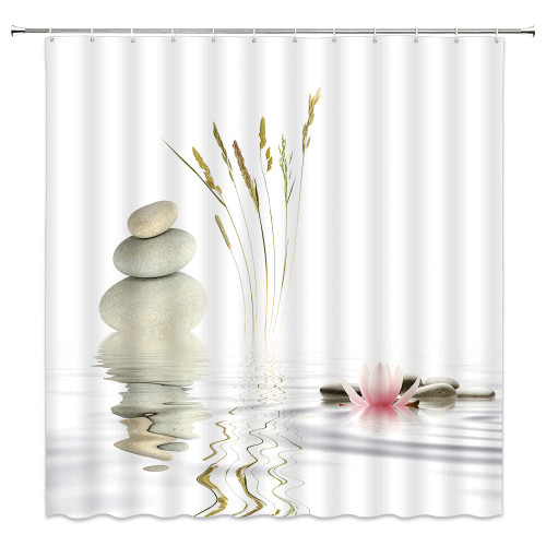 WUASDCS Zen Stone Shower Curtain Lotus Flower Wild Grass Water Reflection Asian Spa Simple Japanese Themed Design Bathroom Decor Polyester Fabric Curtains with Hook 70X70