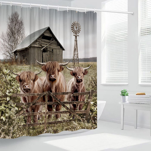 Highland Cow Shower Curtains Farm Animal Wooden Fence Three Cattle Windmill Rustic Farmhouse Scenery Vintage Country Themed Bathroom Polyester Fabric Decor Hanging Curtain Set 70x70 Inch Included Hook