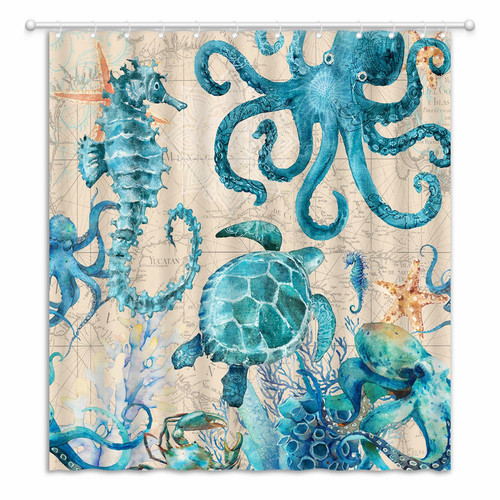 JEJOMEAG Nautical Shower Curtain Octopus Vintage Biological Sea Animal Ocean Beach Map Kraken Tentacles Turtles Seahorse Coral Turtle Seaweed Marine Life Fabric Bathroom Curtain Decor with Hook