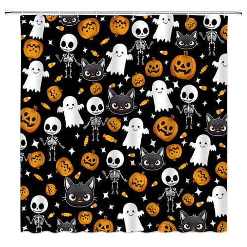 HYKHYK Cute Halloween Shower Curtain Spooky Funny Skull Skeleton Pumpkin Black Cat Cartoon Fabric Bathroom Curtain Set with Hooks(70" WX70 H)