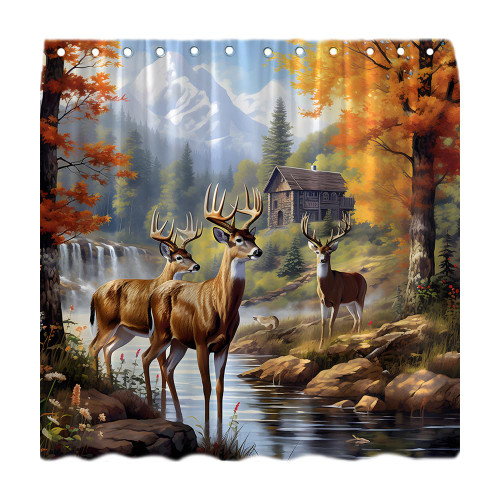 UPUMKSK Fall Forest Deer Shower Curtain Whitetail Deer Rustic Hunting Country Wild Animal Woods Wilderness Farmhouse Autumn Nature Lake Elk Cabin RV Fabric Bath Curtain Set with Hook