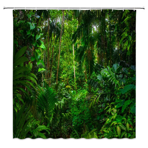 UPUMKSK Tropical Rainforest Shower Curtain Green Forest Jungle Palm Tree Green Leaves Plant Nature Landscape Spring Summer Exotic Bath Curtain with Hook