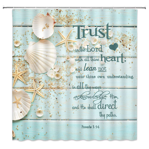 MUENKKCS Beach Shower Curtain Coastal Seashells Nautical Starfish on Teal Blue Ocean Inspirational Quotes Polyester Fabric Bathroom Decor Curtains Set with Hooks 70x70Inches