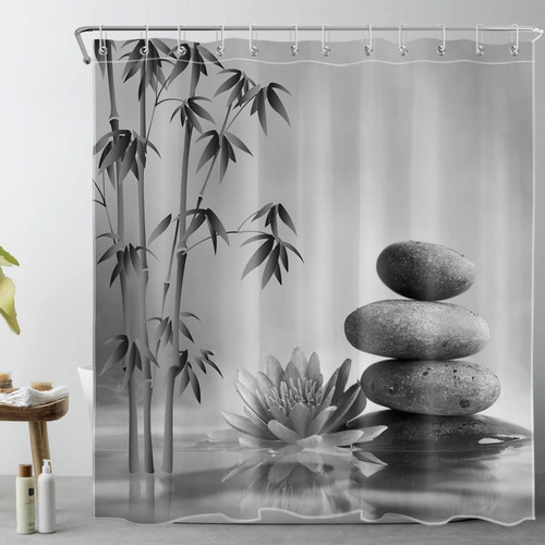 LB Zen Stone Shower Curtain Bamboo Water Lily Reflection in Water Spa Shower Curtains for Bathroom Black and White Bathroom Curtain with 12 Hooks Durable Polyester Fabric 72x72 Inches