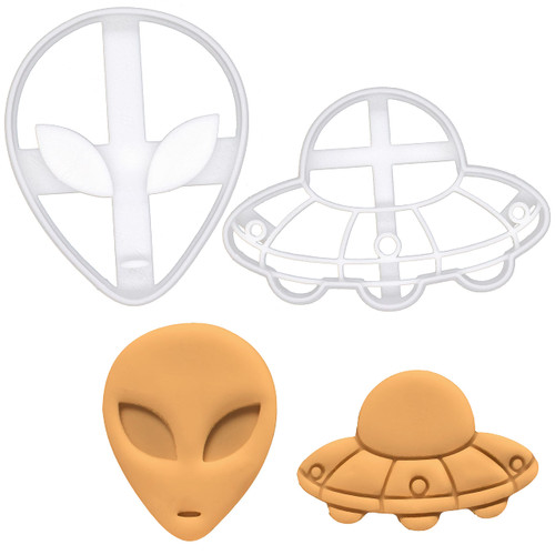 Set of 2 Alien themed cookie cutteres (Designs: UFO and Alien), 2 pieces - Bakerlogy