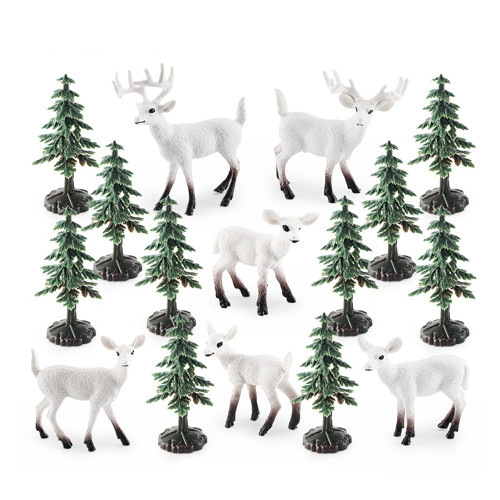 Miniature Pine Trees Sisal Trees with Wood Base 10Pcs Christmas Tree with 6 Elk Deer Set Tabletop Sandtable Decoration for Miniature Scenes Christmas Crafting, Type 4