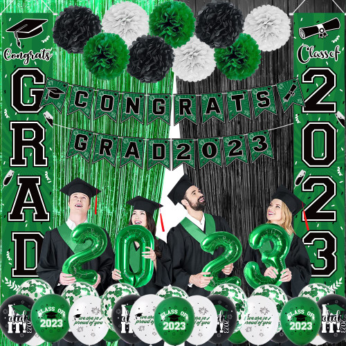 Graduation Party Decorations 2023-Class of 2023 Congrats Grad Banners Grad Porch Sign Fringe Foil Curtain Paper Pompoms Foil Balloons for 2023 Green Black Graduation Party Decorations Supplies Graduation Party Decorations 2023-Class of 2023 Congrats Grad Banners Grad Porch Sign Fringe Foil Curtain Paper Pompoms Foil Balloons for 2023 Green Black Graduation Party Decorations Supplies