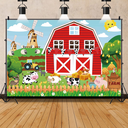 Mestiker Cartoon Red Farm Animals Party Backdrop Boy Baby Shower Children Birthday Background for Photography Decorations Farm Theme Party Cake Table Banner Decorations Photo Booth Props