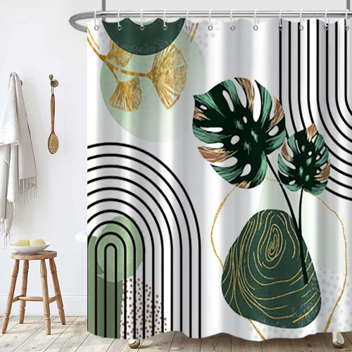 Ruelvth Mid Century Shower Curtain, Modern Boho Green Leaves Shower Curtain for Bathroom Waterproof Abstract Arch Emerald-Green Shower Curtain Set with Hooks, 72x72 Inch